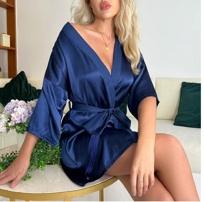 Kimono Peignoir Satin de Soie Femme | Manches 3/4 | Longueur Genou