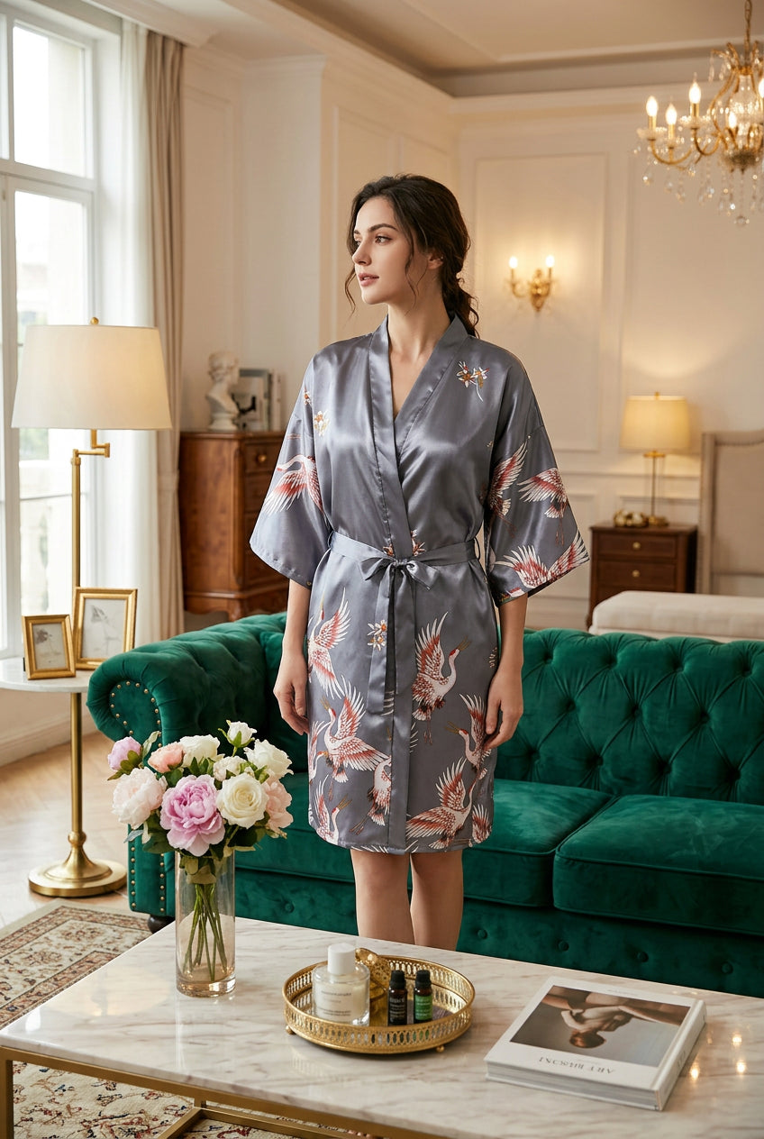 Kimono Court Satin Floral | Peignoir Femme Luxe | 7 Coloris | S à XXL