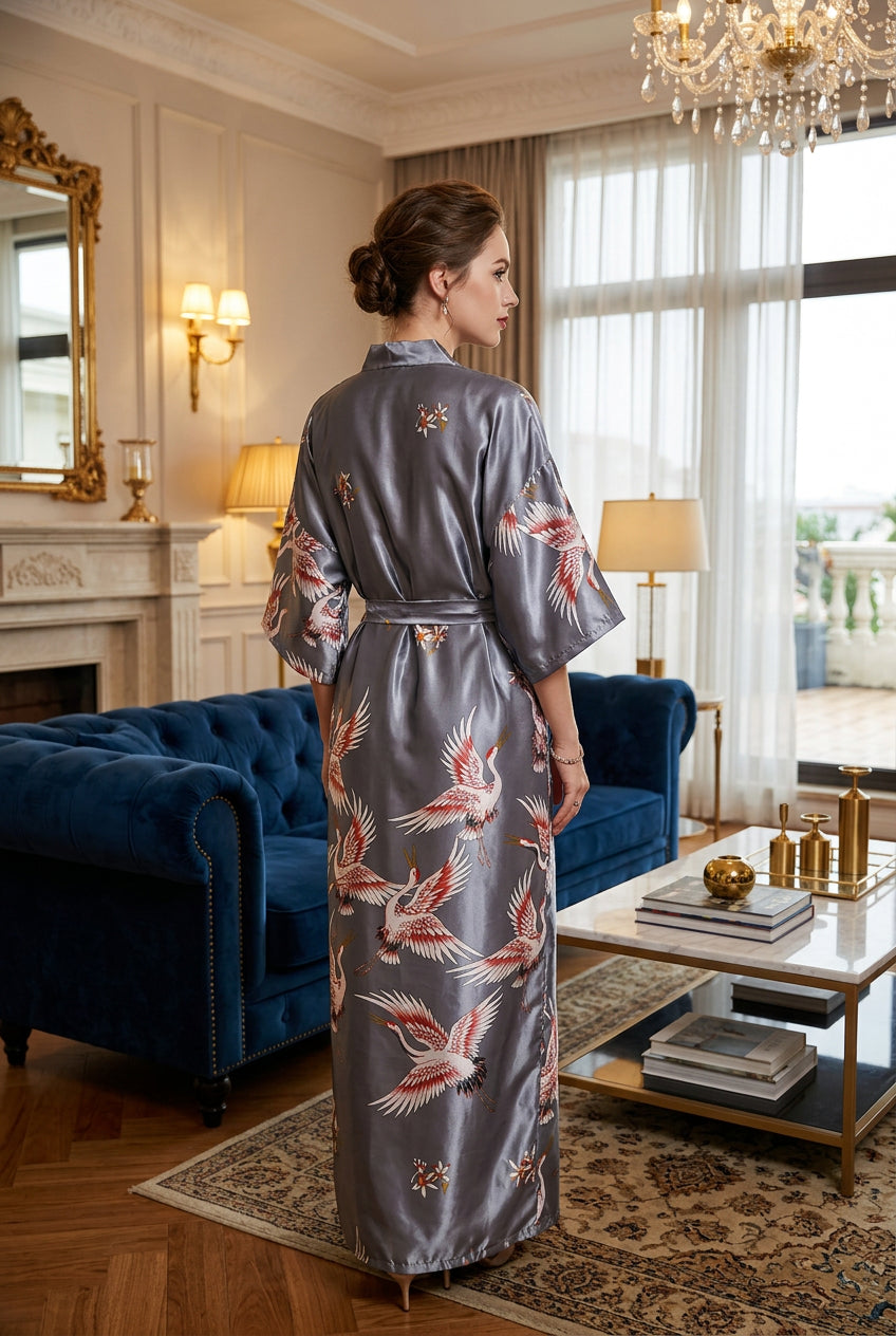 Kimono Court Satin Floral | Peignoir Femme Luxe | 7 Coloris | S à XXL