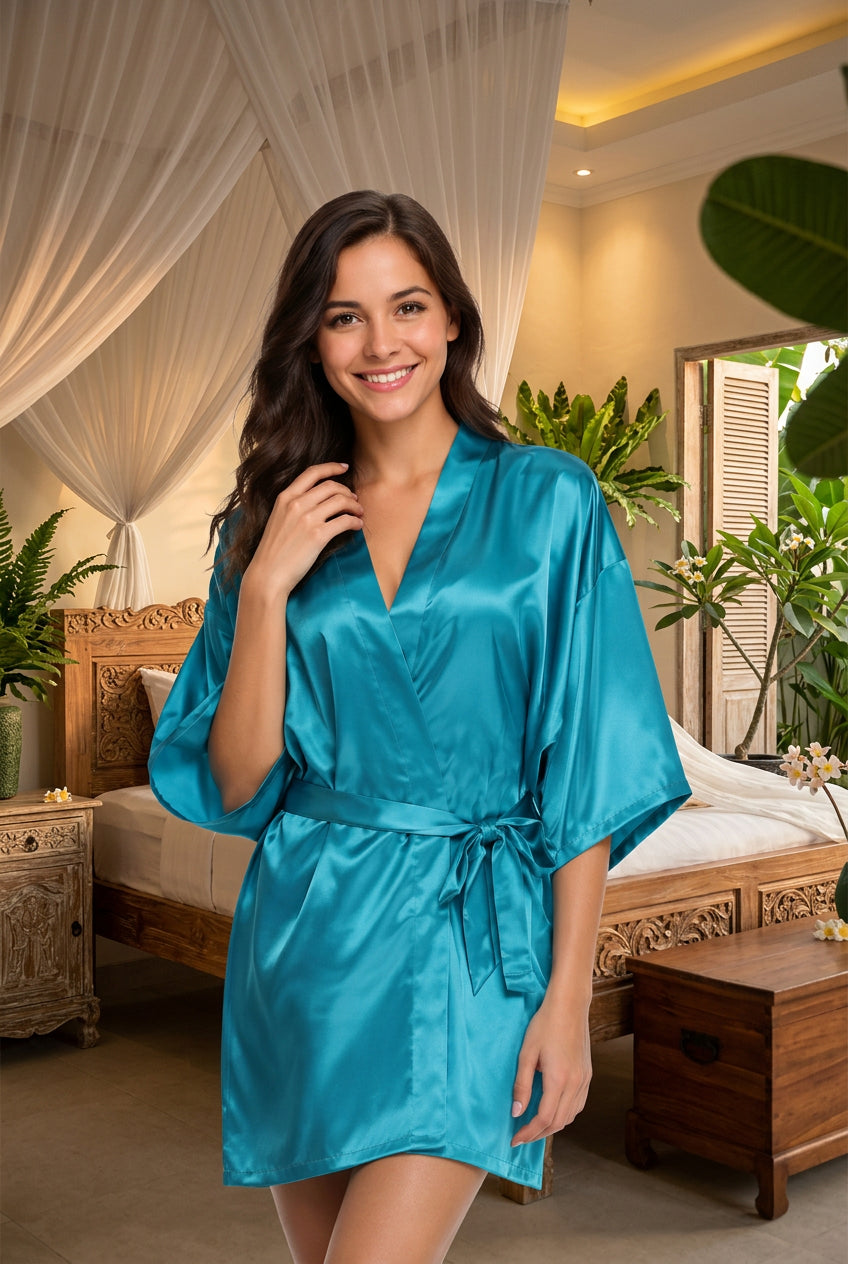 Robe Kimono Satin Courte | Peignoir Femme Luxe | 12 Coloris | S à XXL