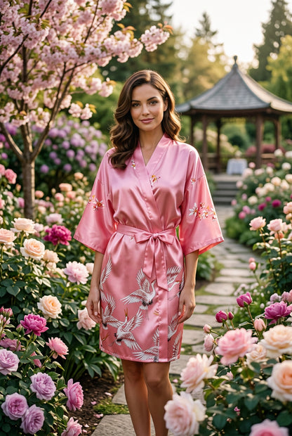 Kimono Court Satin Floral | Peignoir Femme Luxe | 7 Coloris | S à XXL