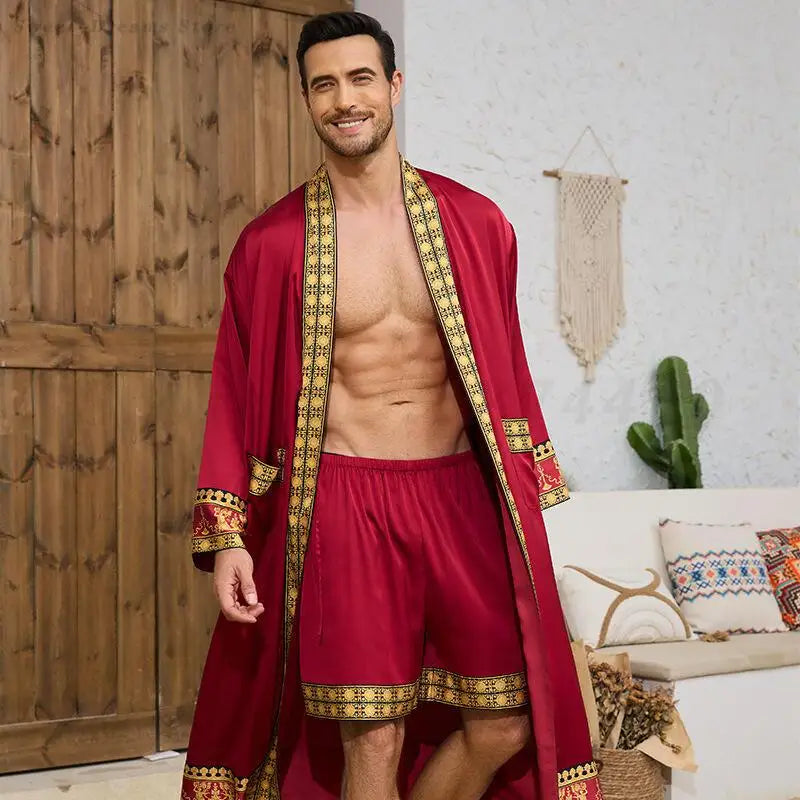 Ensemble pyjama longue en Satin pour hommes, peignoir de Style Baroque, short Kimono, vêtements de nuit pour printemps et été, vêtements de maison