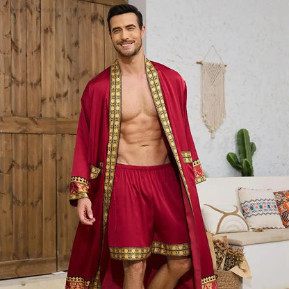 Ensemble pyjama longue en Satin pour hommes, peignoir de Style Baroque, short Kimono, vêtements de nuit pour printemps et été, vêtements de maison