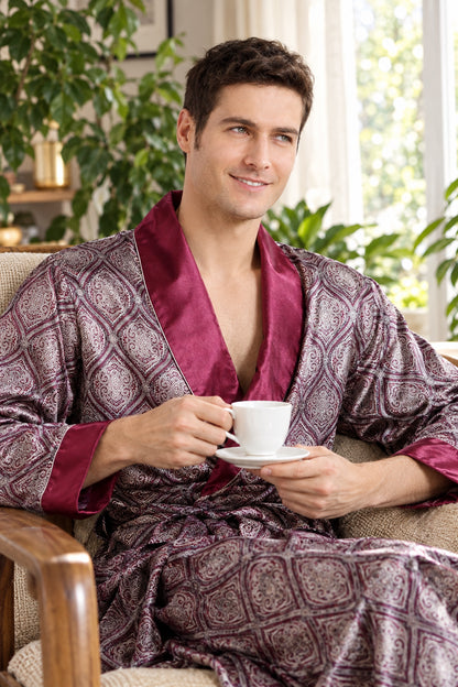 Peignoir Kimono Satin Imprimé Homme – Longue Robe de Chambre Luxe, Grande Taille