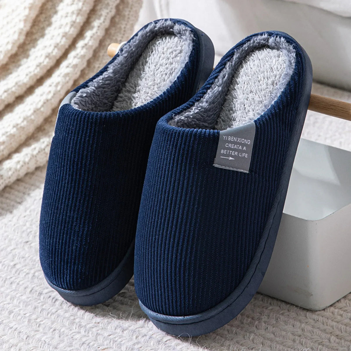 Pantoufles Peluche Hiver Fond Épais & Antidérapant | Unisexe | Gris & Marine | 36 à 45