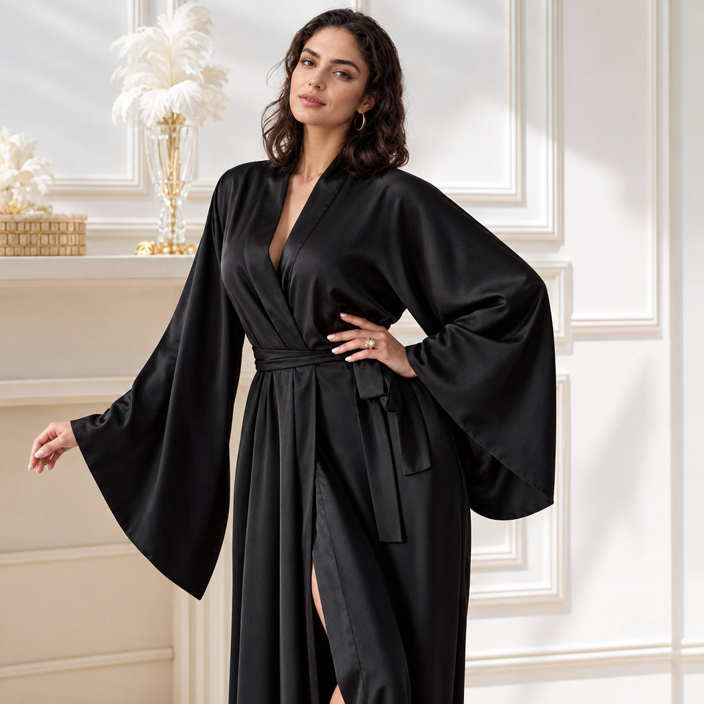 Kimono de Mariée Longueur au Sol | Robe Satin Luxe Fait Main | Beige, Blanc, Noir, Bleu
