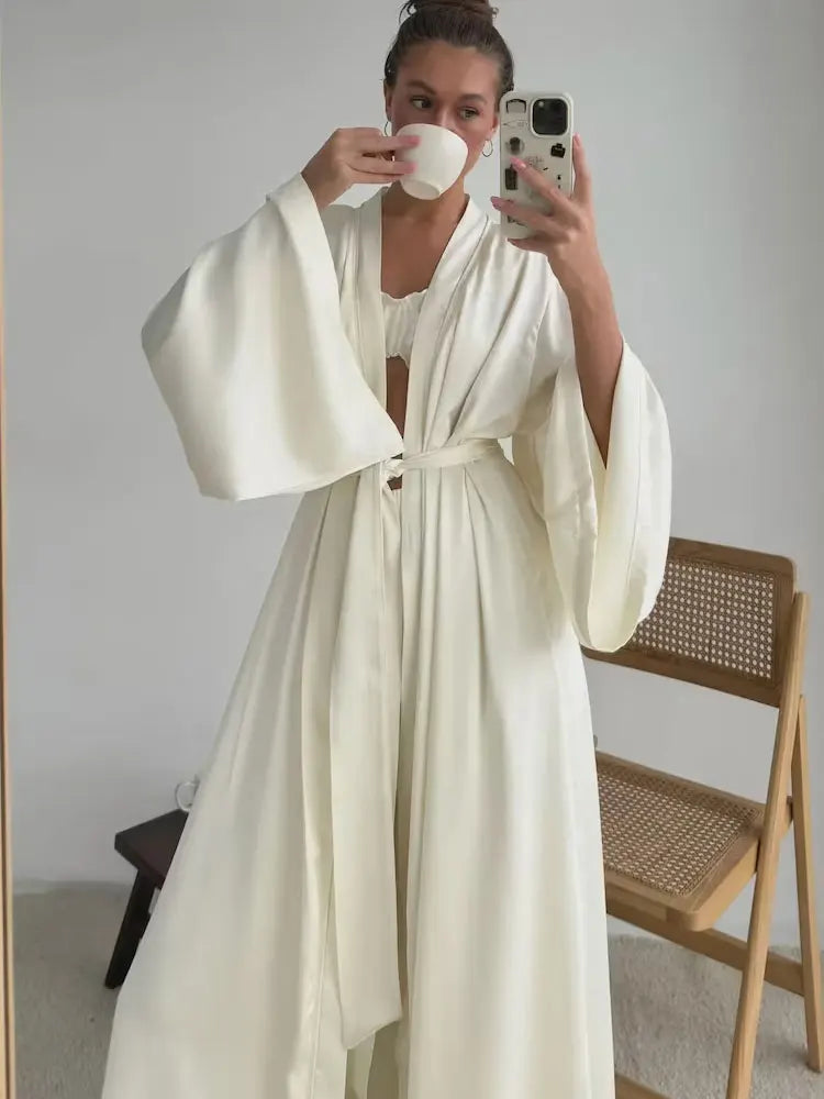 Robe Kimono Satin Maxi Crème – Ensemble Luxe pour Femme, Longueur au Sol