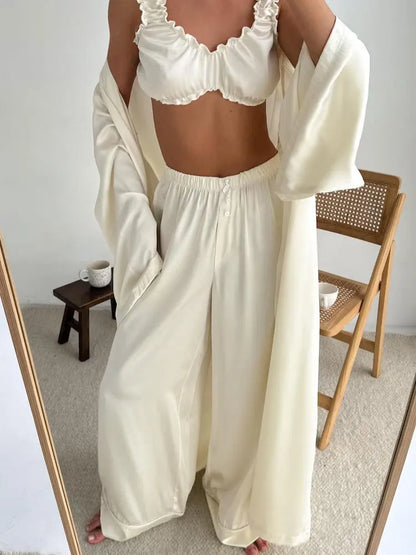 Robe Kimono Satin Maxi Crème – Ensemble Luxe pour Femme, Longueur au Sol