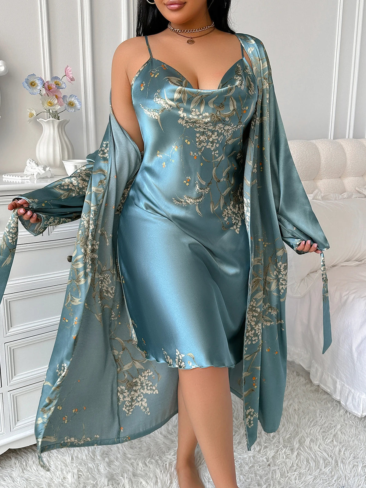 Ensemble Pyjama Grande Taille Floral Cerise | Robe Longue 2 Pièces | Noir & Vert | 1XL à 5XL