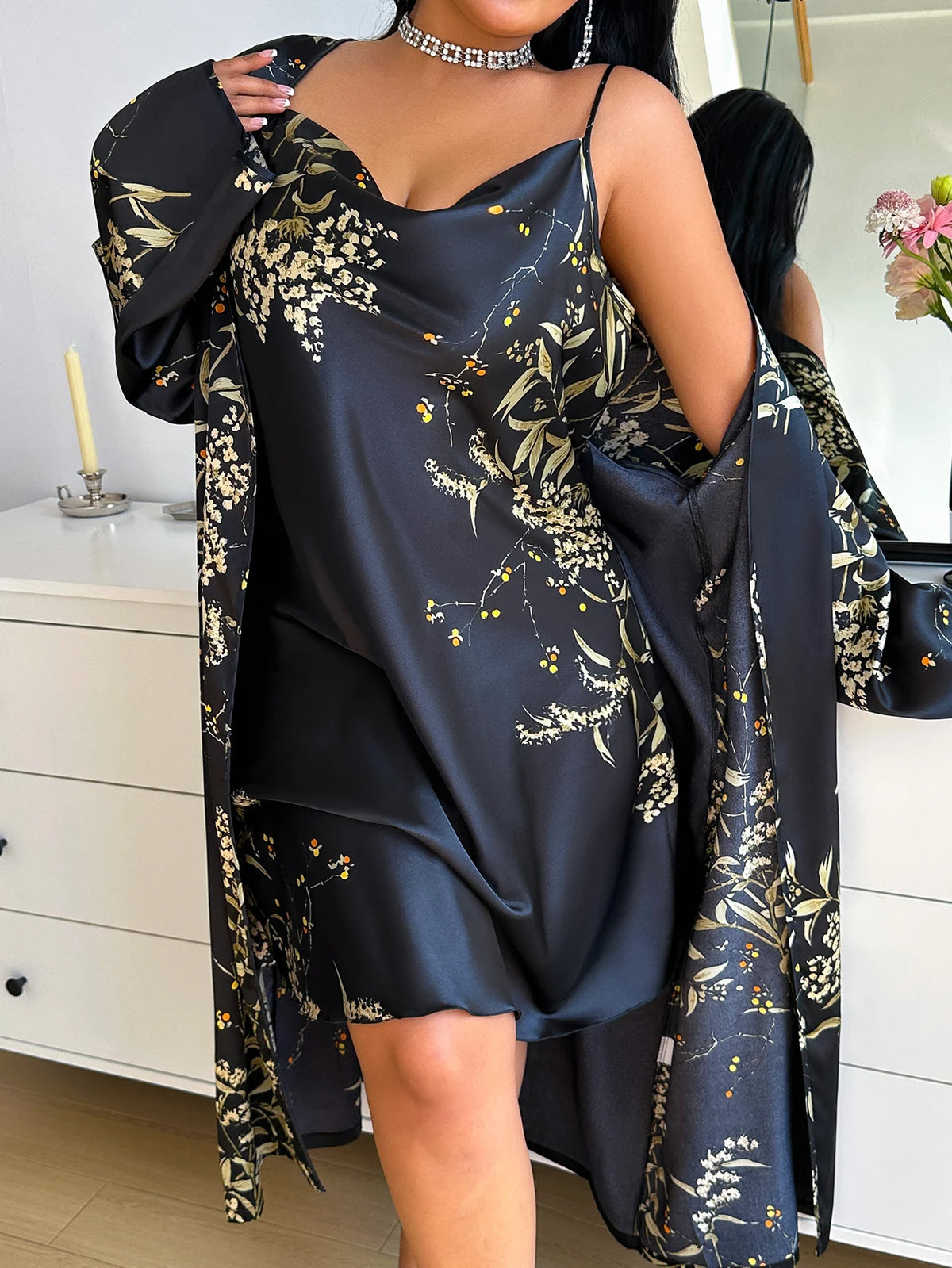 Ensemble Pyjama Grande Taille Floral Cerise | Robe Longue 2 Pièces | Noir & Vert | 1XL à 5XL