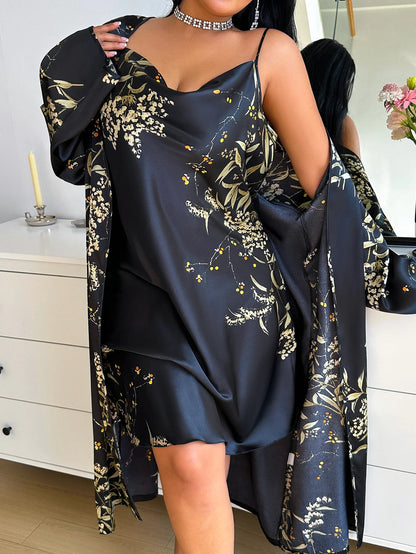 Ensemble Pyjama Grande Taille Floral Cerise | Robe Longue 2 Pièces | Noir & Vert | 1XL à 5XL