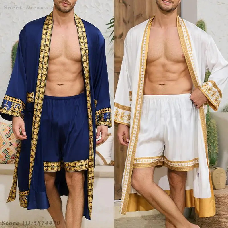 Ensemble pyjama longue en Satin pour hommes, peignoir de Style Baroque, short Kimono, vêtements de nuit pour printemps et été, vêtements de maison