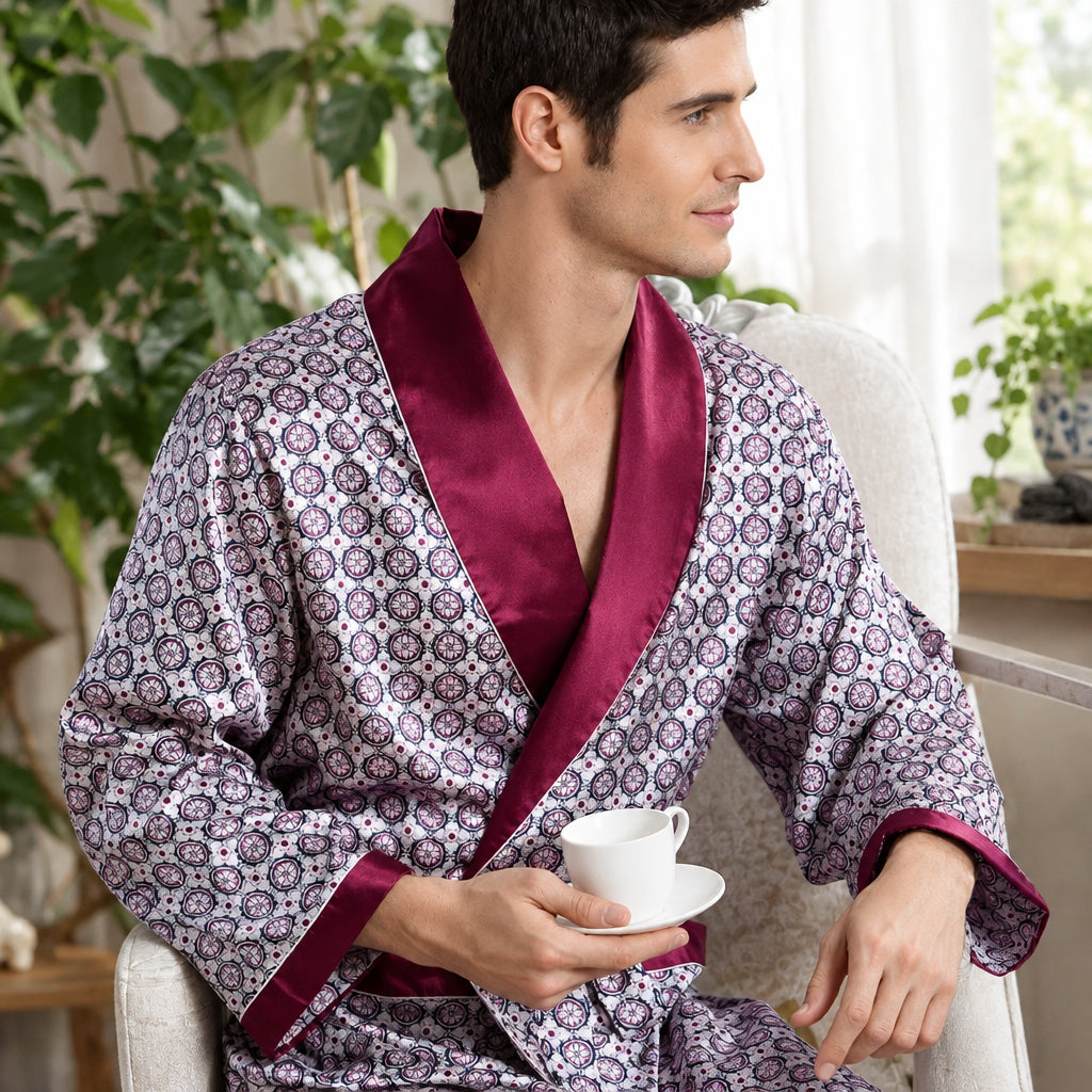 Peignoir Kimono Satin Imprimé Homme – Longue Robe de Chambre Luxe, Grande Taille