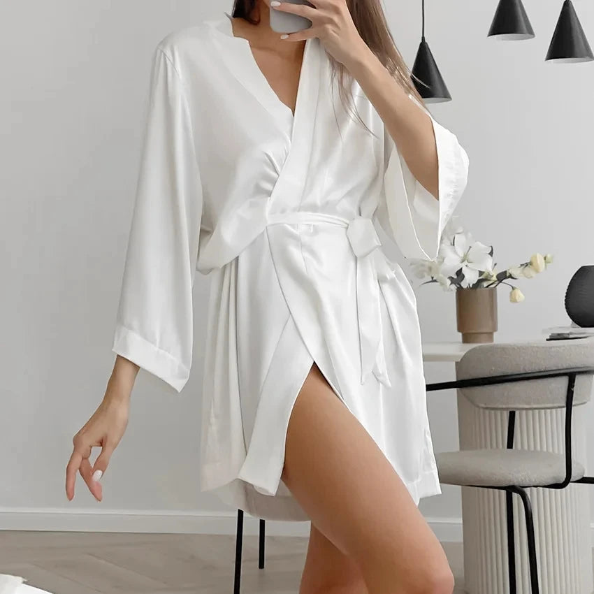 Kimono Peignoir Satin de Soie Femme | Manches 3/4 | Longueur Genou