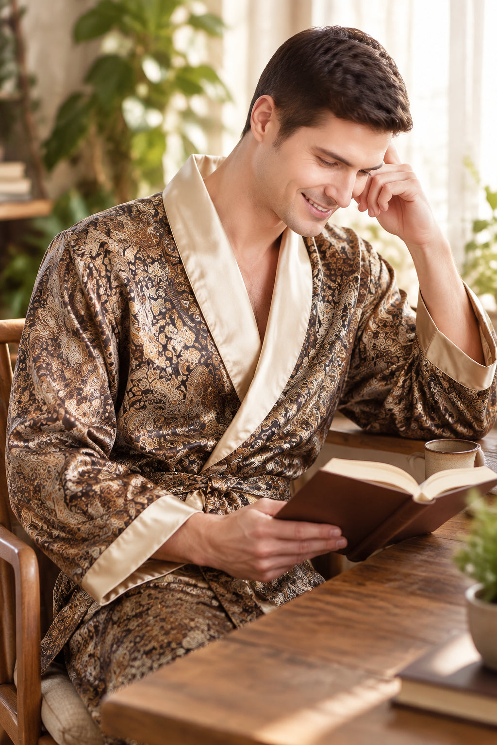 Peignoir Kimono Satin Imprimé Homme – Longue Robe de Chambre Luxe, Grande Taille