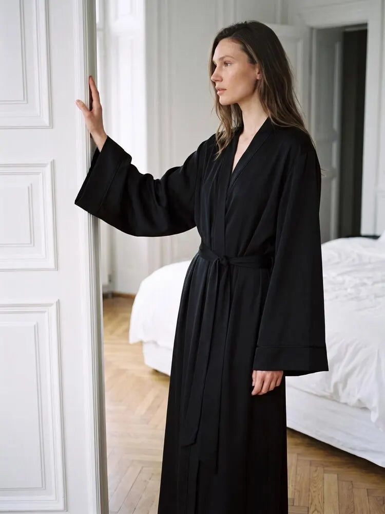 Robe Kimono Satin Maxi Crème – Ensemble Luxe pour Femme, Longueur au Sol