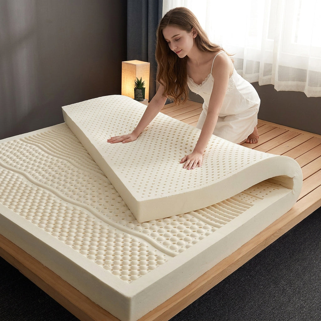 Latex mattress with removable white quilted cover on a bed