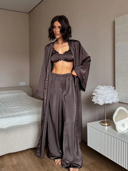 Robe Kimono Satin Maxi Crème – Ensemble Luxe pour Femme, Longueur au Sol