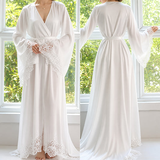 Robe Kimono Longue en Satin & Dentelle | Peignoir Boudoir Luxe | 5 Coloris | Taille Unique