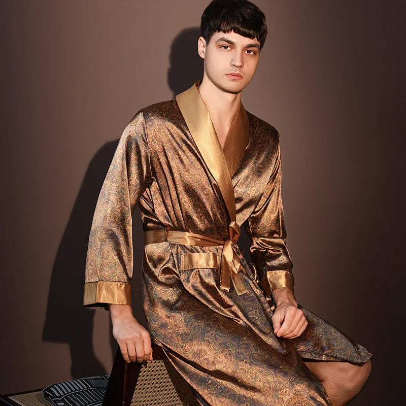 Peignoir d'été fin pour hommes, de haute qualité, grande taille, pyjama imprimé en soie glacée, une pièce, vêtements de détente pour hommes, printemps