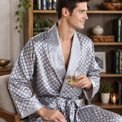 Peignoir Kimono Satin Imprimé Homme – Longue Robe de Chambre Luxe, Grande Taille