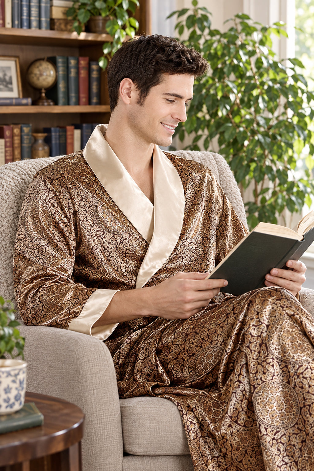 Peignoir Kimono Satin Imprimé Homme – Longue Robe de Chambre Luxe, Grande Taille