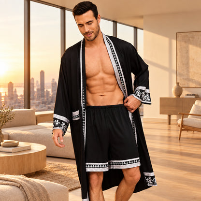 Ensemble pyjama longue en Satin pour hommes, peignoir de Style Baroque, short Kimono, vêtements de nuit pour printemps et été, vêtements de maison